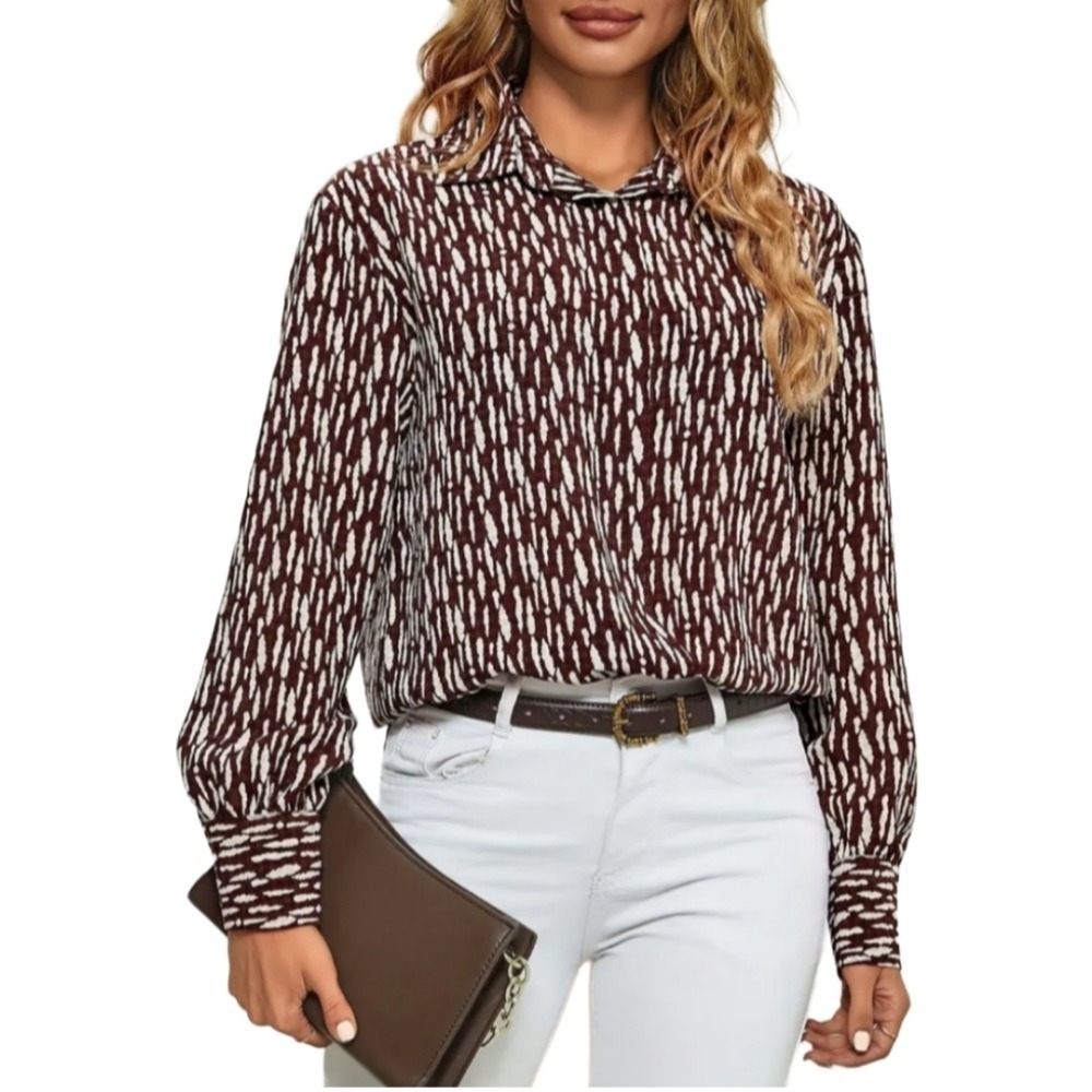 Sky Plus Shirt Woman 1X Allover‎ Print Long Sleeve Casual Button Lapel Neck Top
